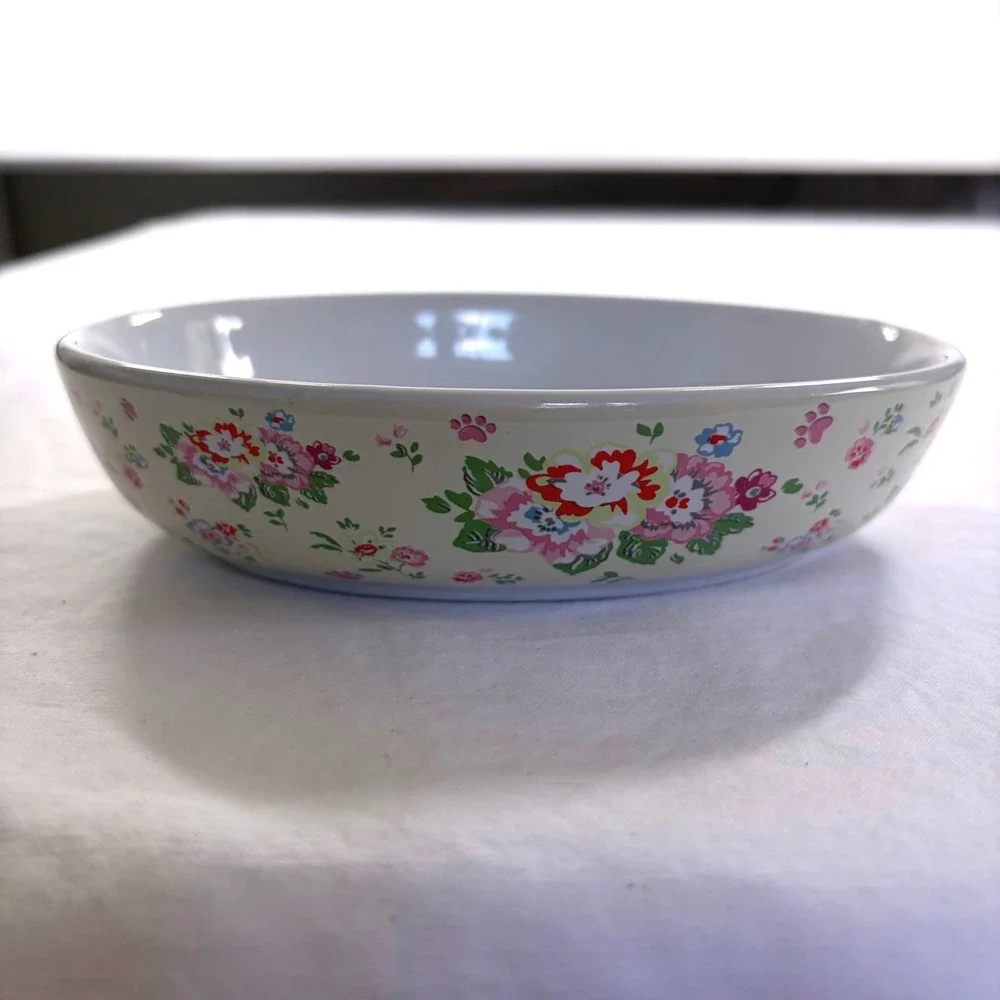 Floral Ceramic Pet Bowls Set of 2 Oval Shallow Cat Dog Dishes Cream Pink Blue